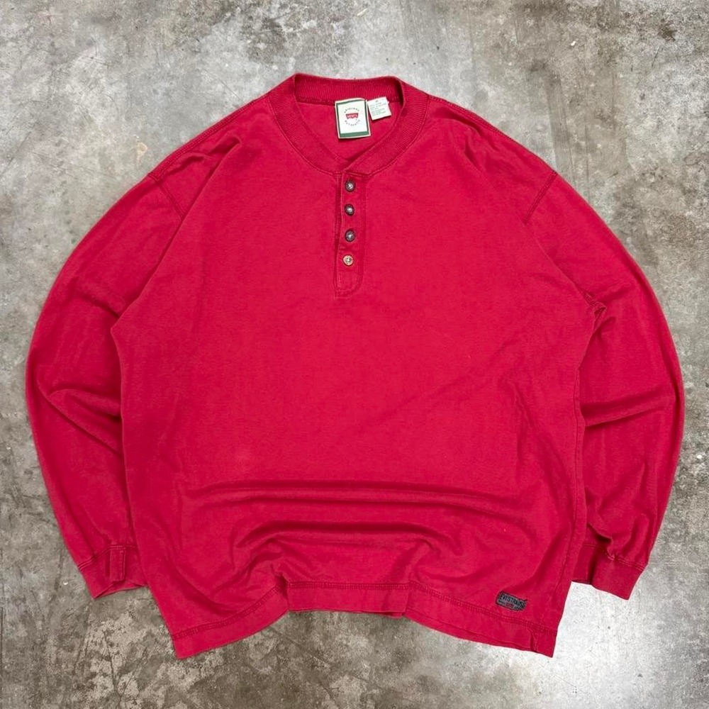 Vintage 90s Levis Red Henley Long Sleeve Shirt Mens Fits Large Boxy Cotton Top